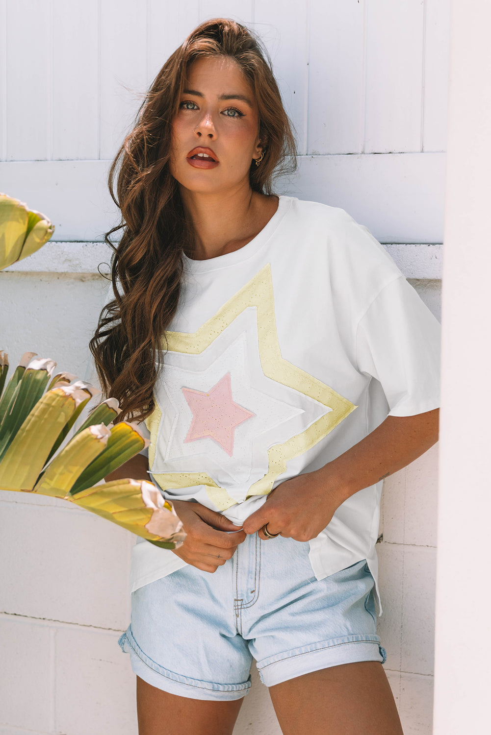 White Star Layered Patched Graphic Drop Shoulder Half Sleeve Loose Tee
