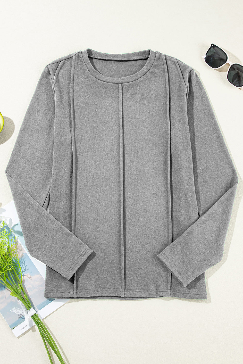 Light Grey Solid Exposed Seam Crew Neck Long Sleeve Top