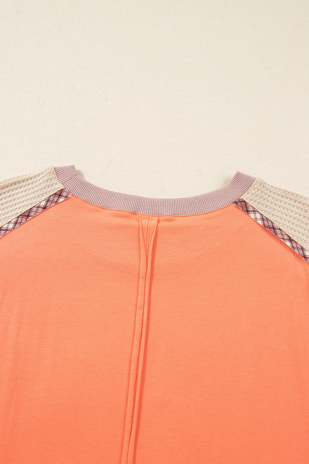 Grapefruit Orange Plaid Flower Waffle Patched Plus Size 3/4 Sleeve Top