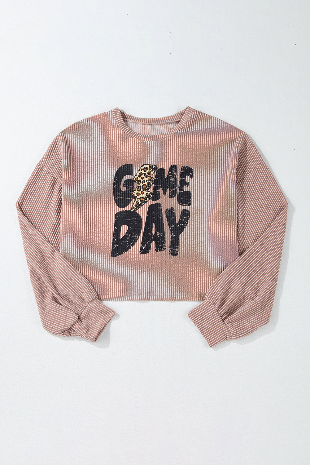 Khaki Game Day Graphic Crop Rugby Football Corded Knit Top