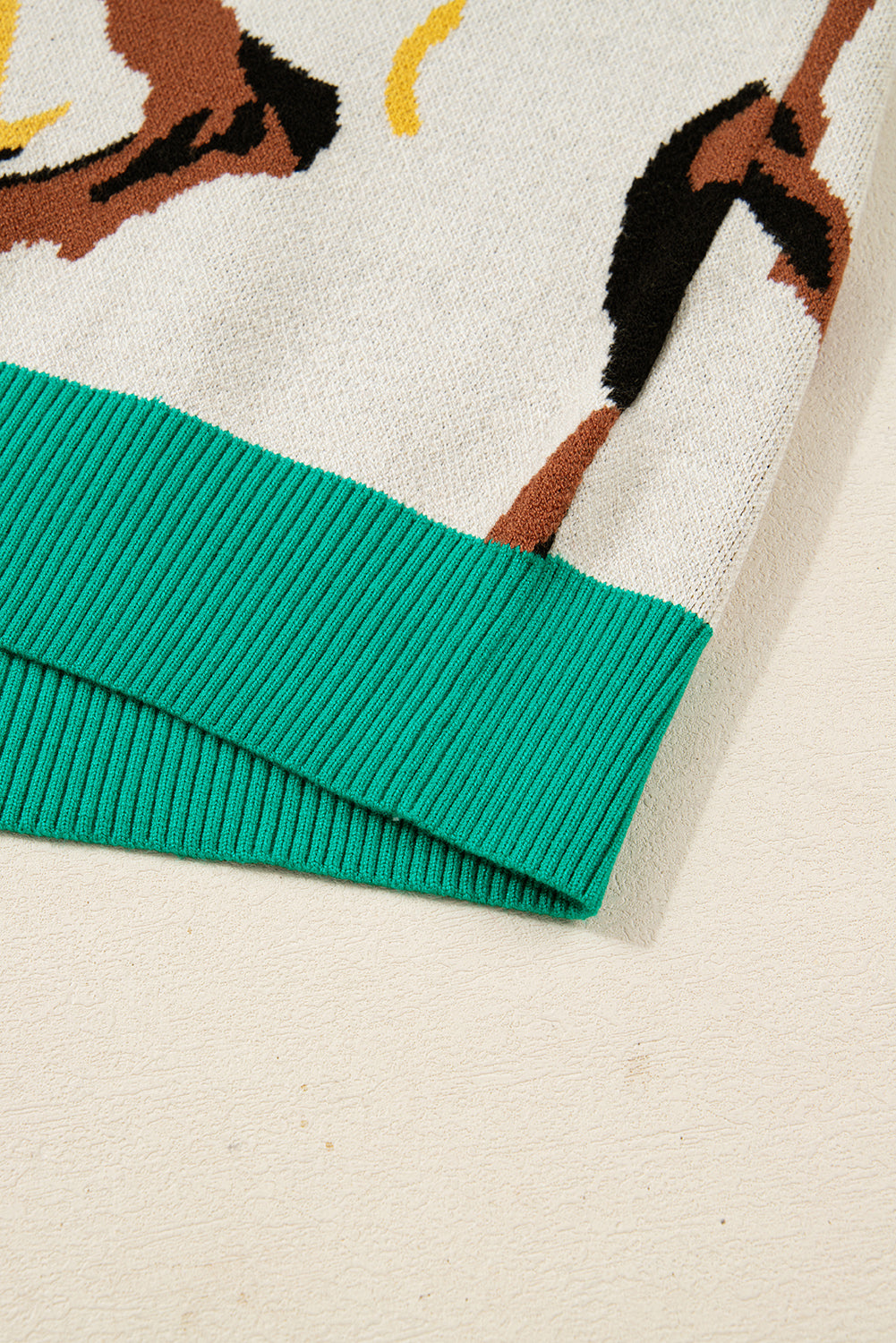 Apricot Contrast Ribbed Stripes Detail Animal Pattern Knit Sweater