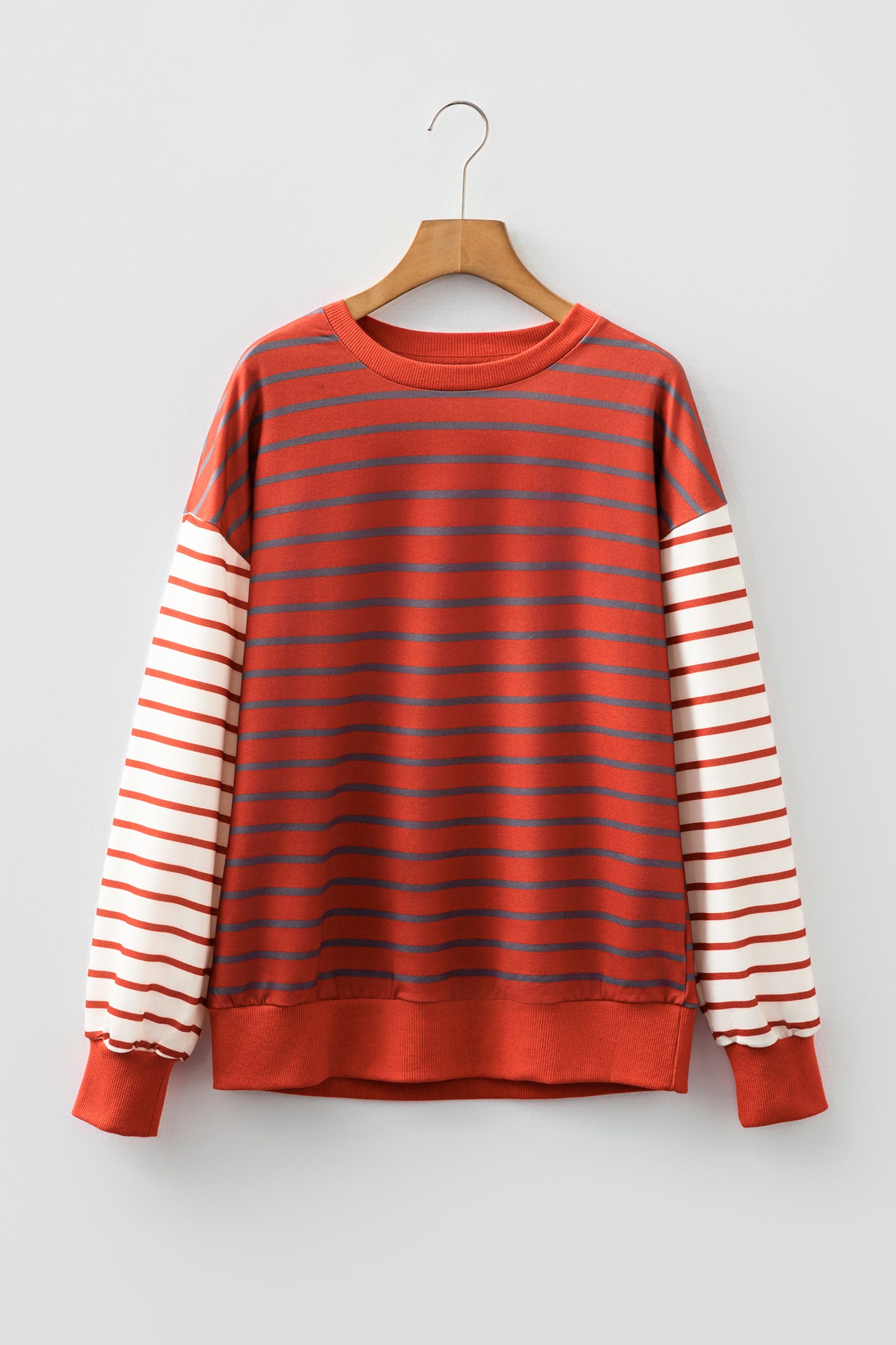Orange Stripe Contrast Sleeve Patchwork Drop Shoulder Long Sleeve Sweatshirt