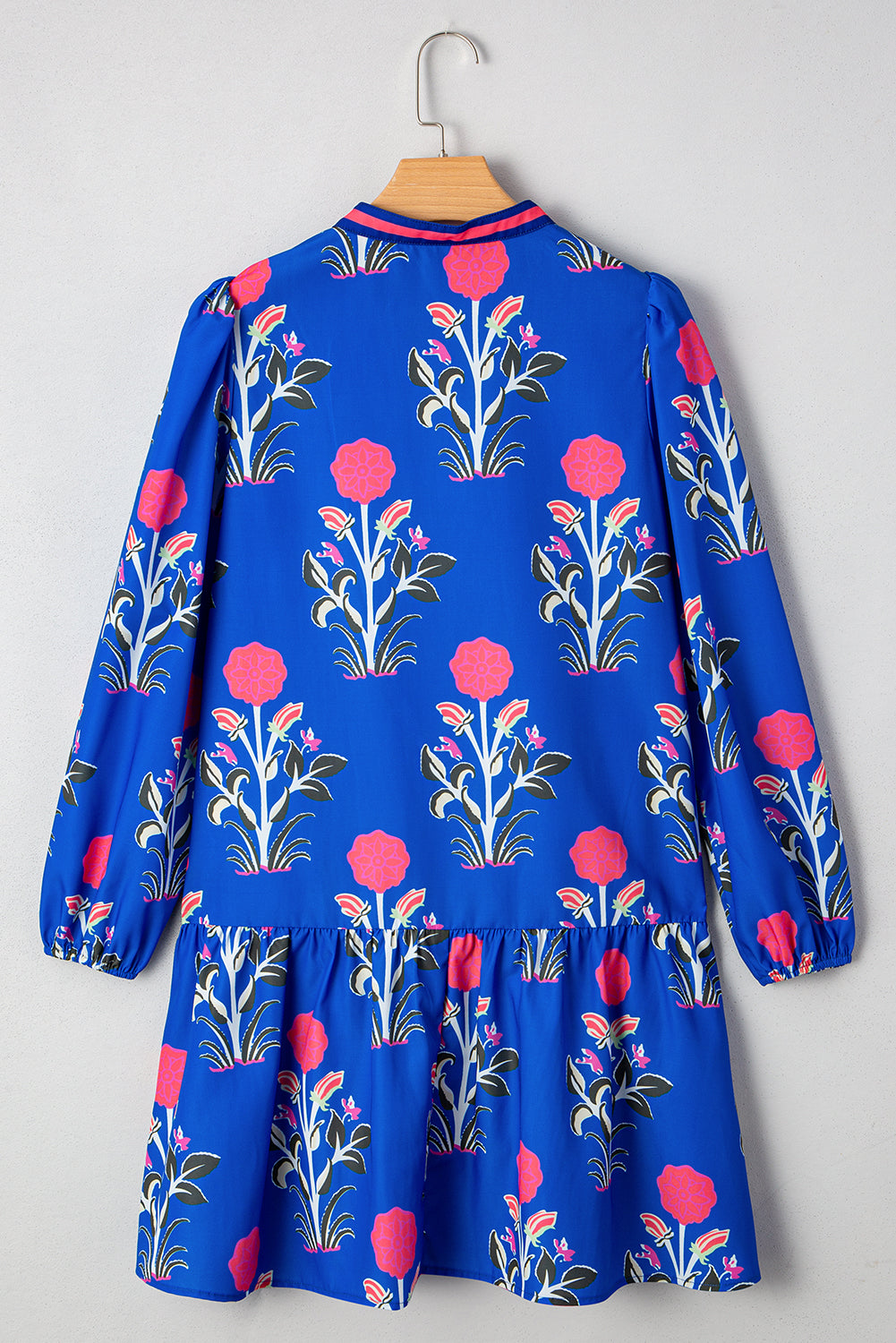 Sky Blue Floral Print Contrast Striped Trim Notched Neck Long Sleeve Dress