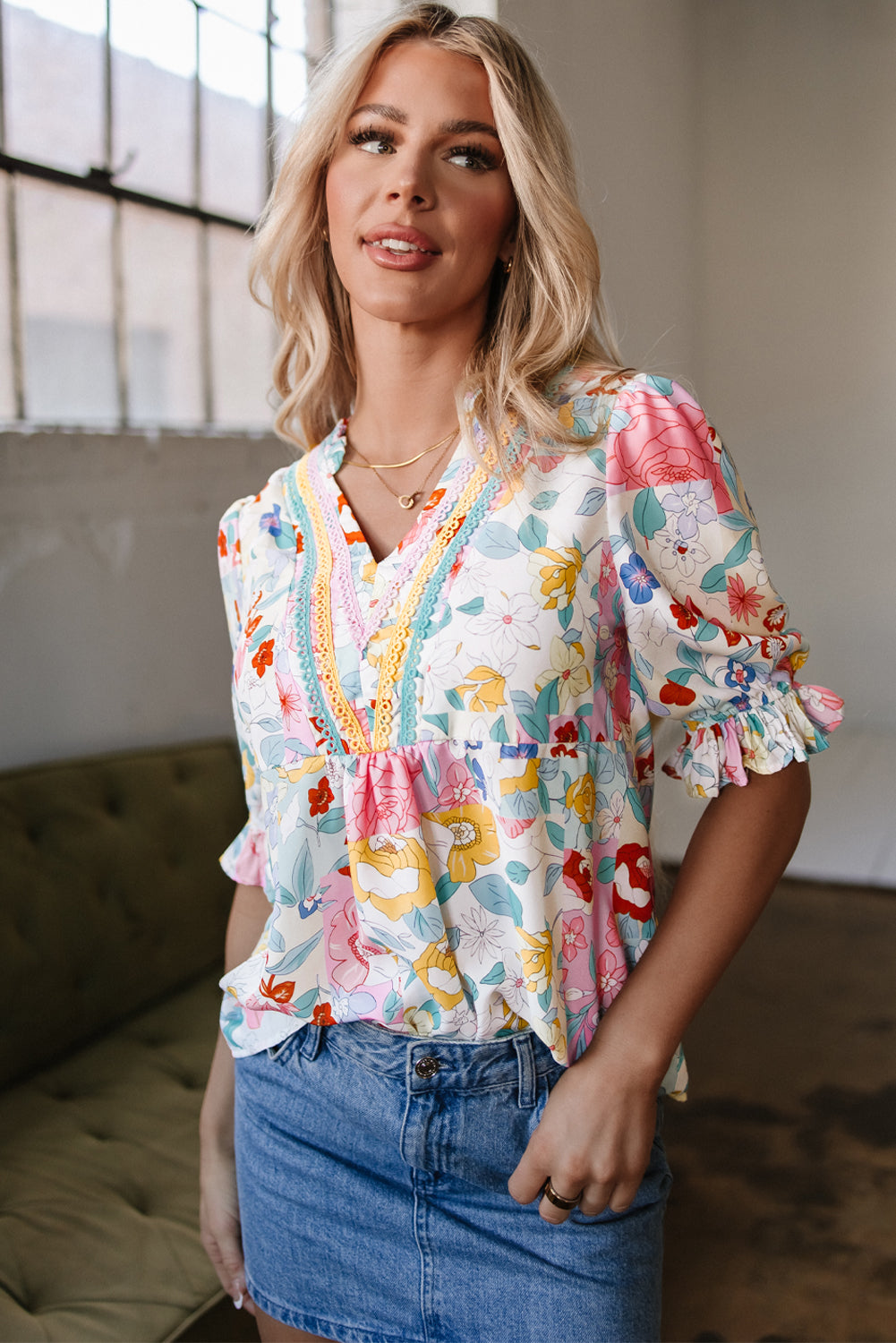 Pink Boho Flower Print Half Puff Sleeve Blouse