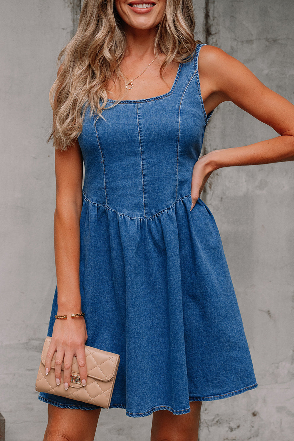 Sail Blue Square Neck Bowknot A-line Sleeveless Denim Dress