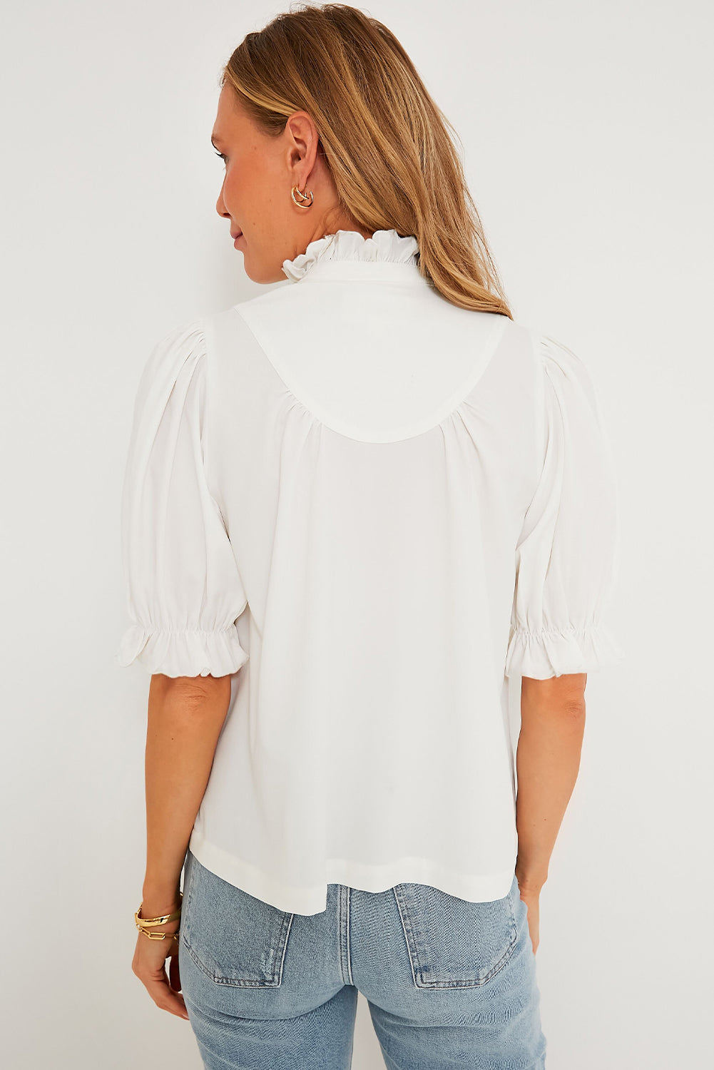 White Frilled Edge Half Button Stand Neck Bubble Sleeve Blouse