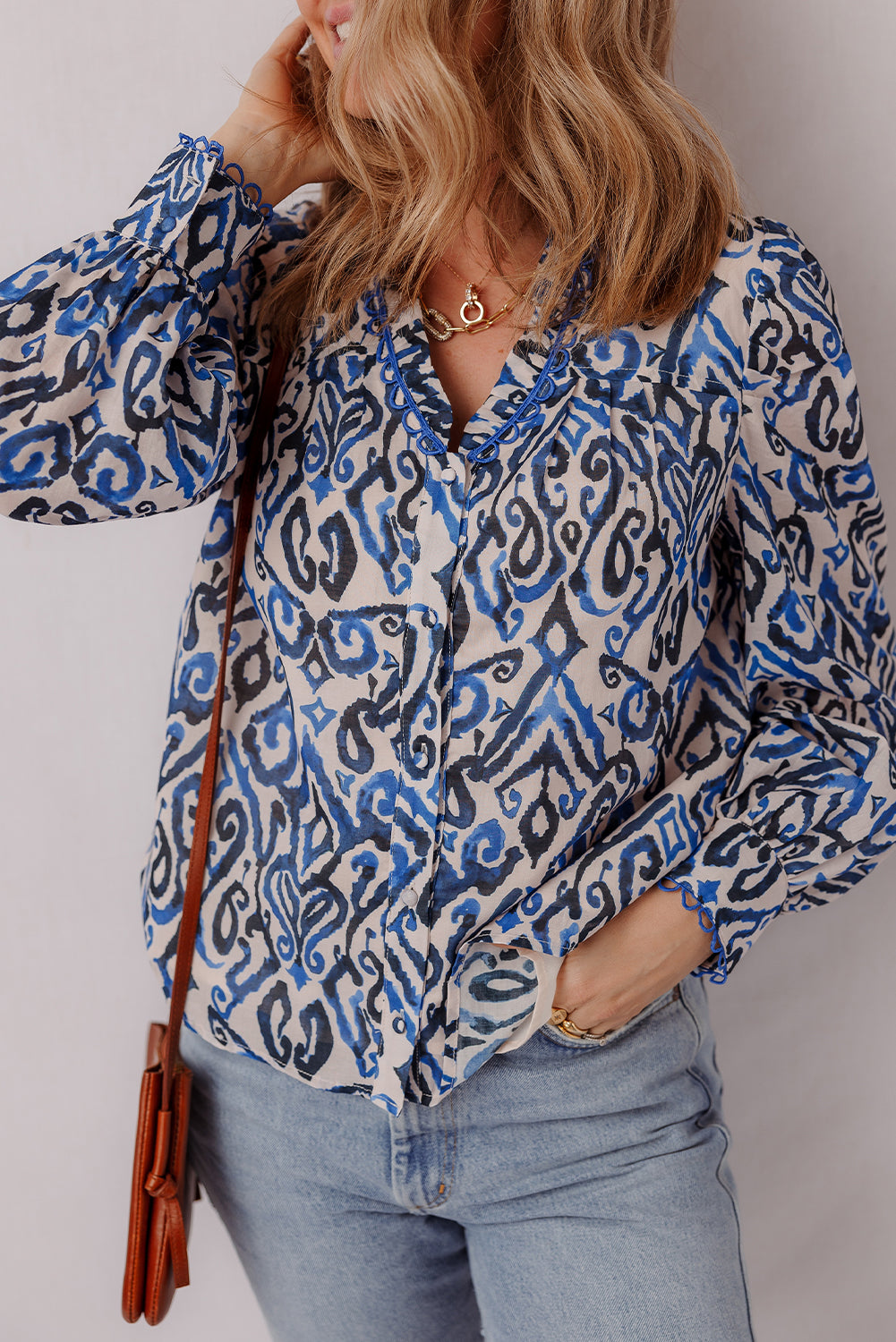Blue Bohemian Print Embroidered V Neckline Detail Long Sleeve Shirt