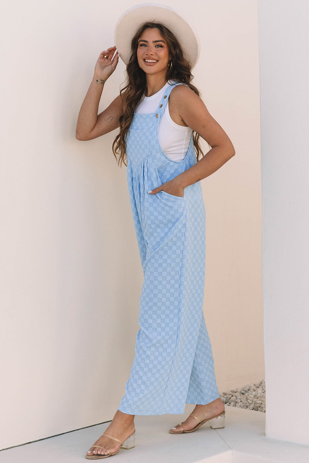 Beau Blue Checkered Pocketed High Waist Wide Leg Overall