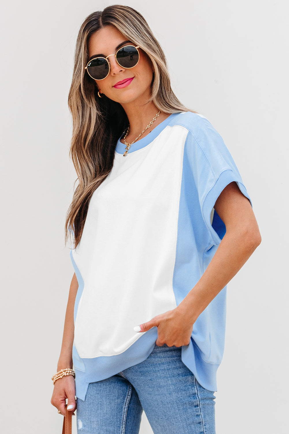 Sky Blue Color Block Exposed Seam Crew Neck T Shirt