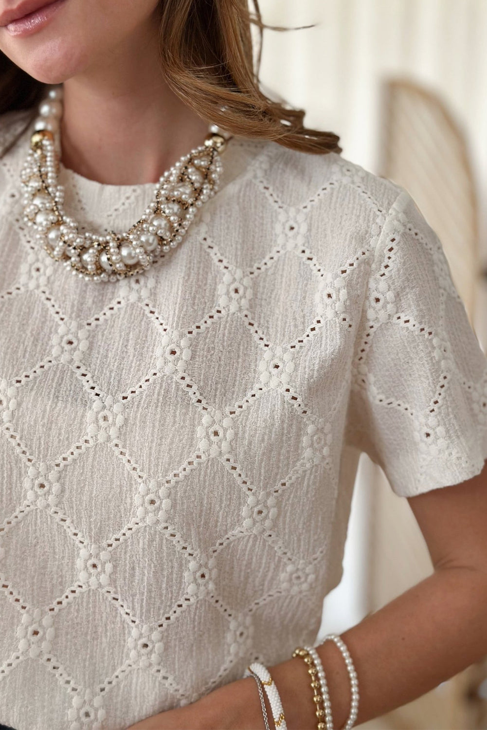 White Geometric Embroidered Slim Fit O Neck T Shirt