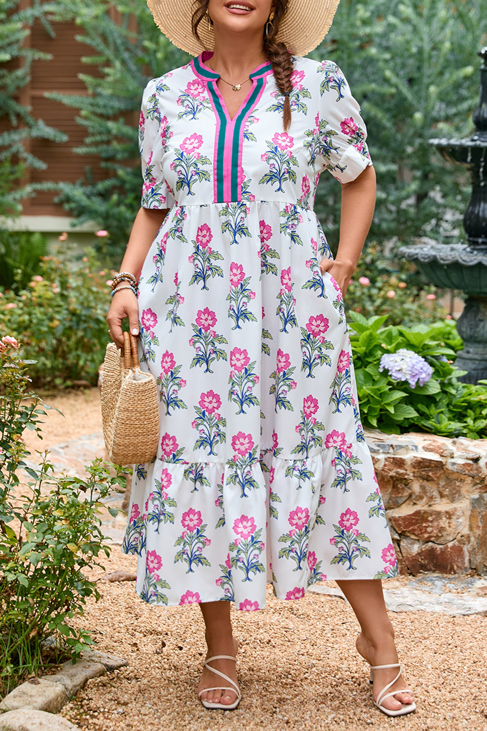 White Allover Print Contrast Split Neckline Short Puff Sleeve Curvy Dress