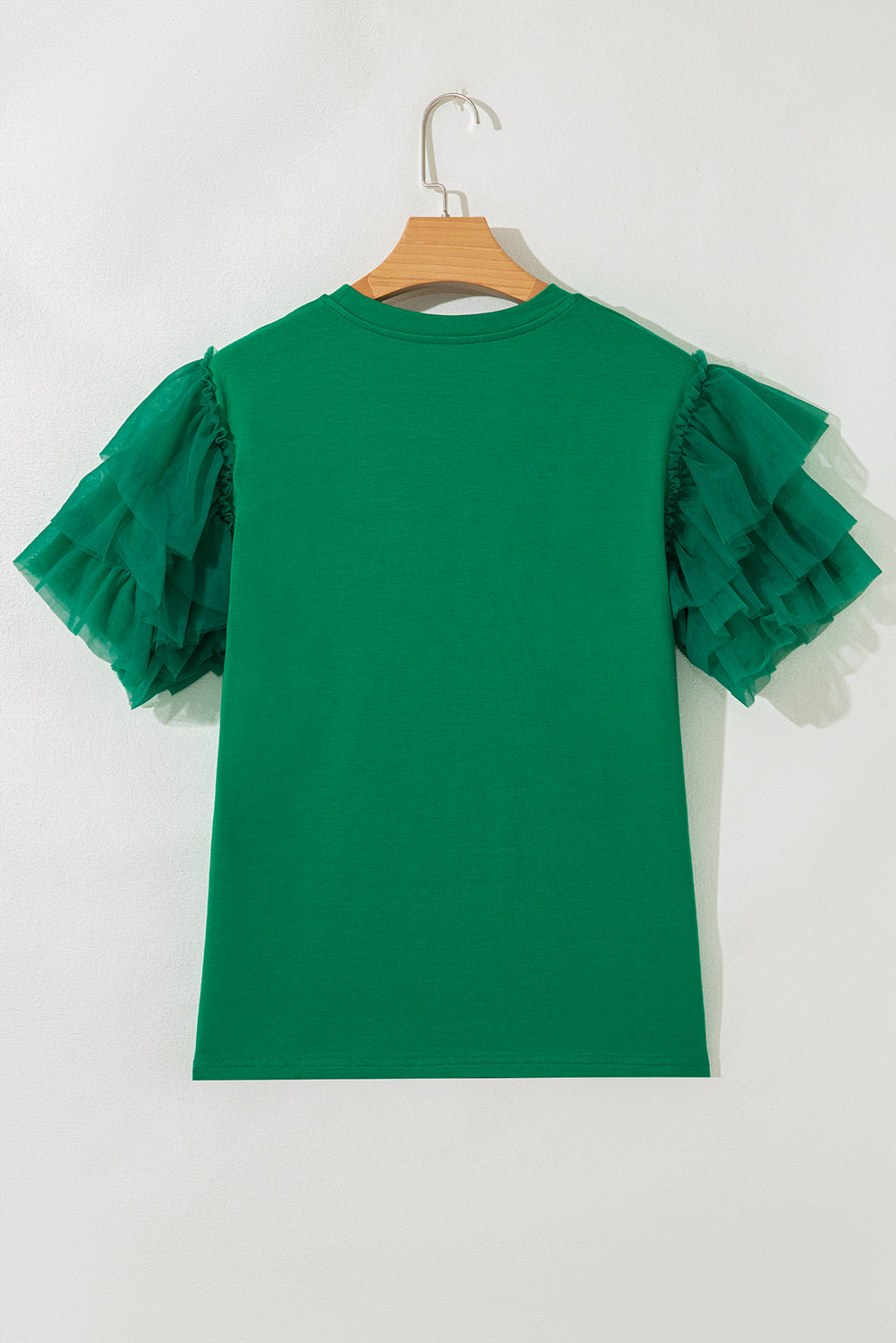 Dark Green Tulle Ruffle Sleeve Blouse