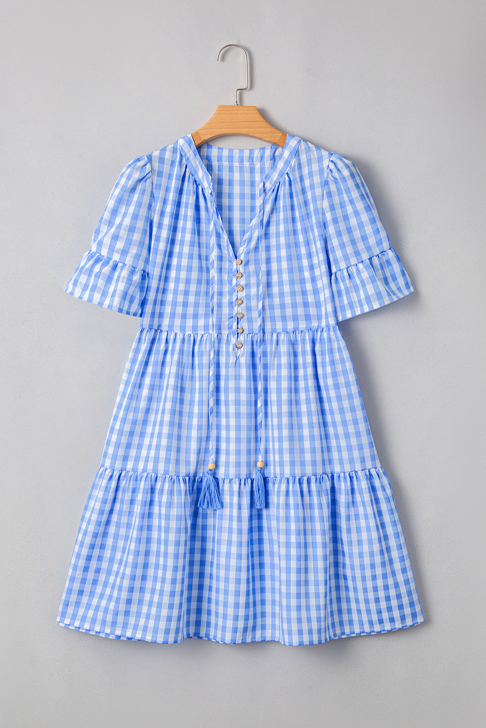Sky Blue Gingham Short Sleeve Button Tie Split Neck Loose Mini Dress