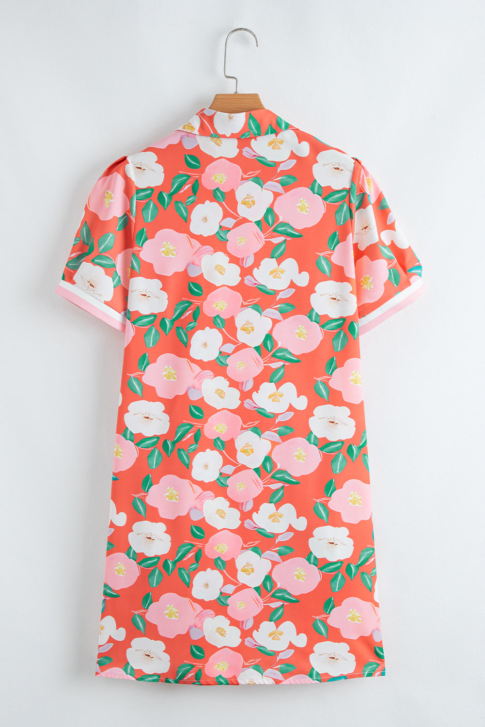 Fresh Salmon Floral Print Contrast Striped Trim Polo Collar T Shirt Dress