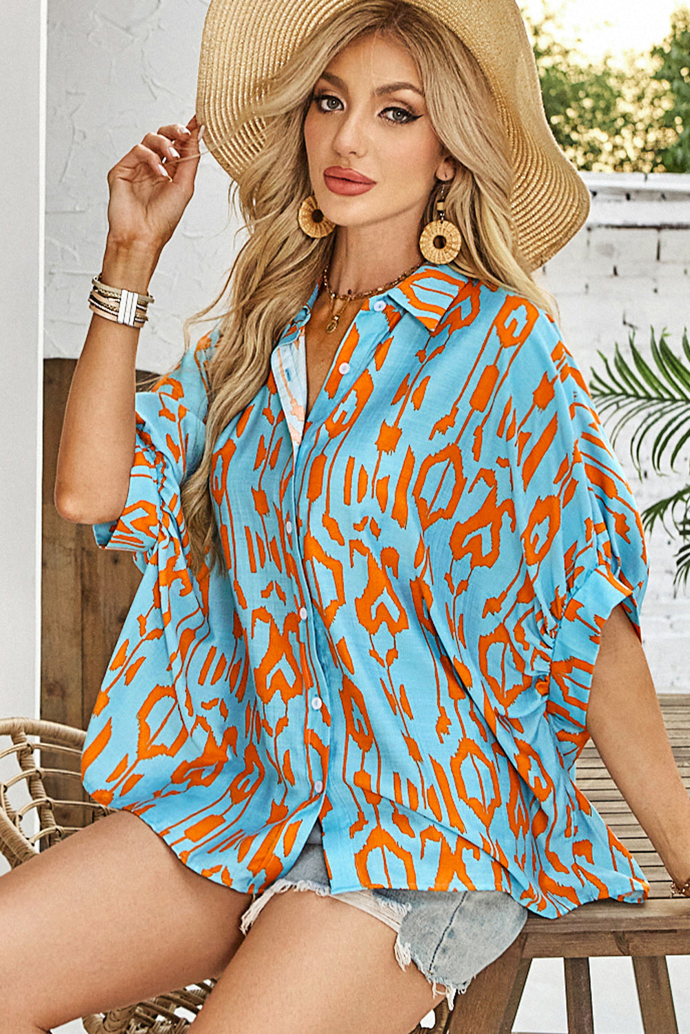 Sky Blue Abstract Print Dolman Short Sleeve Western Loose Shirt