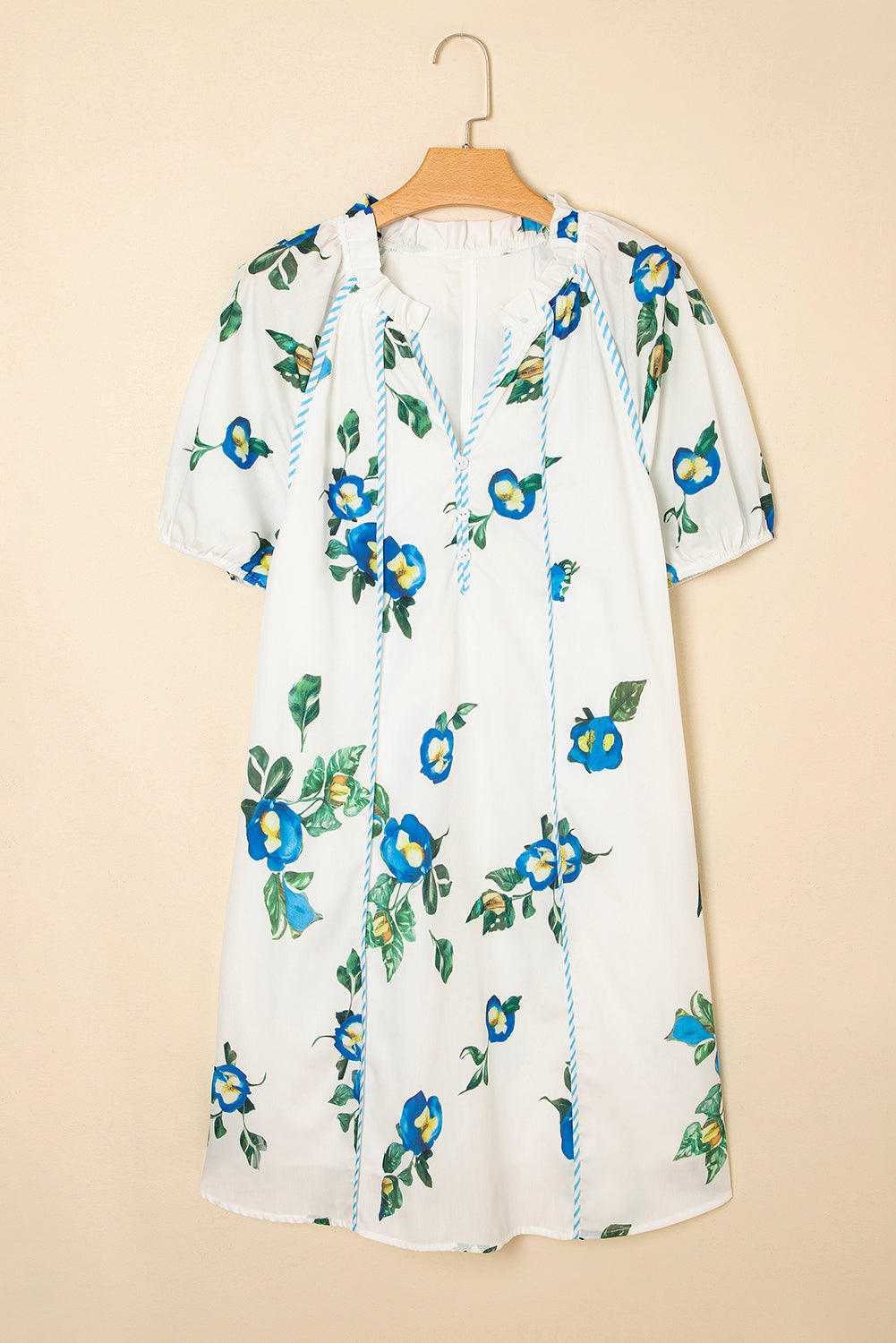 White Plus Size Floral Short Puff Sleeve Contrast Tie V Neck Dress