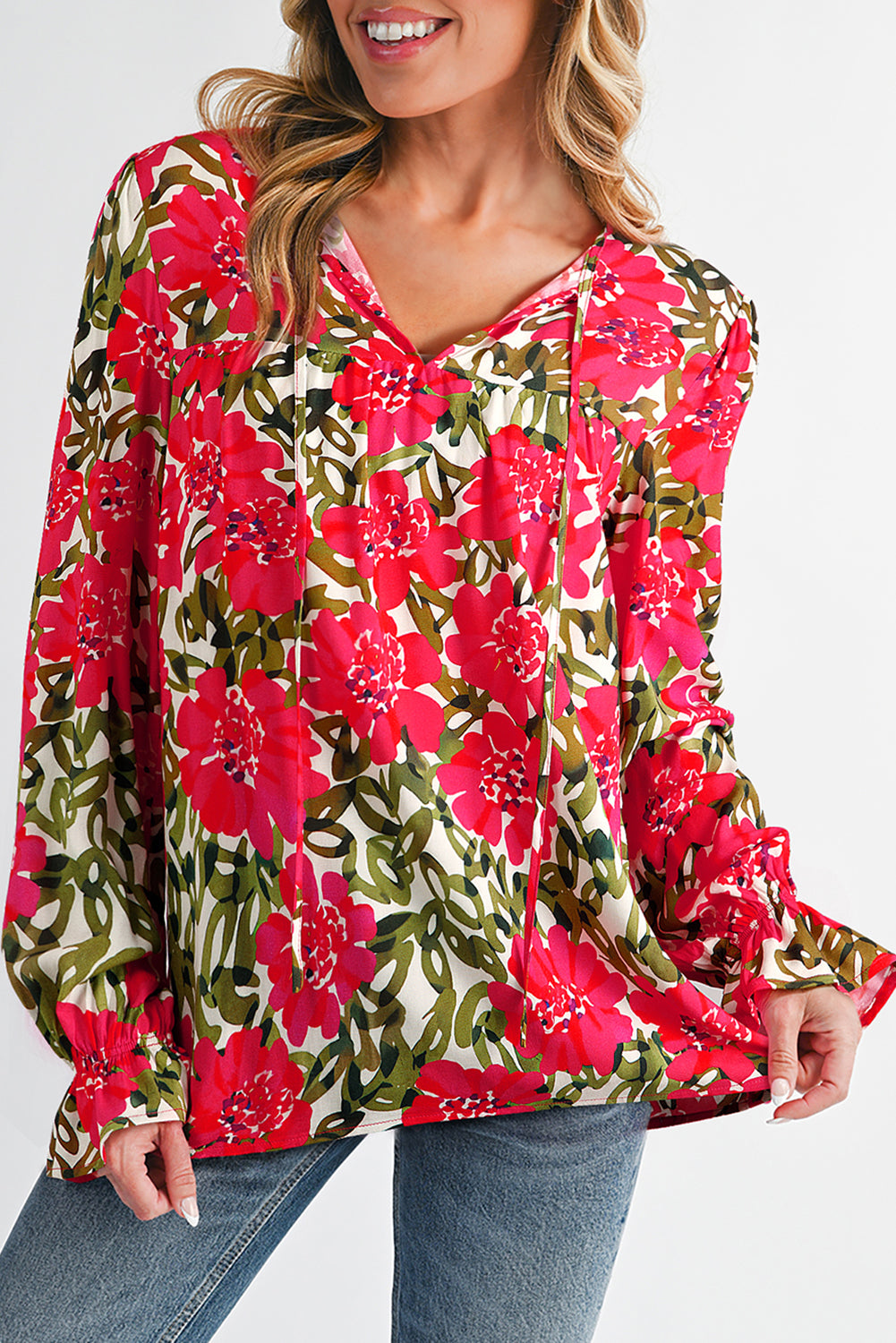 Red Floral Print Lace up V Neck Flounce Sleeve Blouse