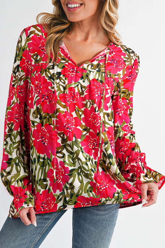 Red Floral Print Lace up V Neck Flounce Sleeve Blouse