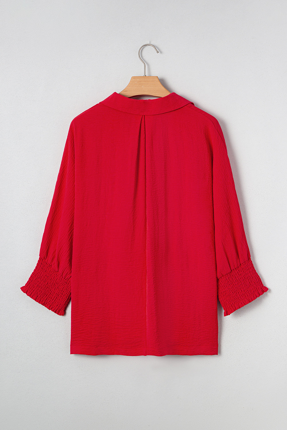 Fiery Red V Neck Collared Shirred 3/4 Sleeve Oversized Tunic Top
