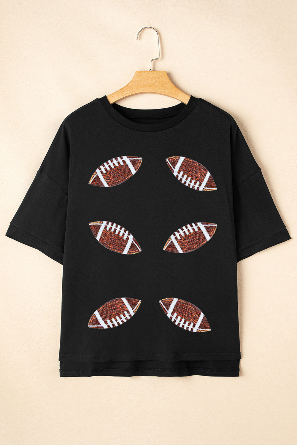 Black Sequin Rugby Football Patched Crewneck Loose T Shirt