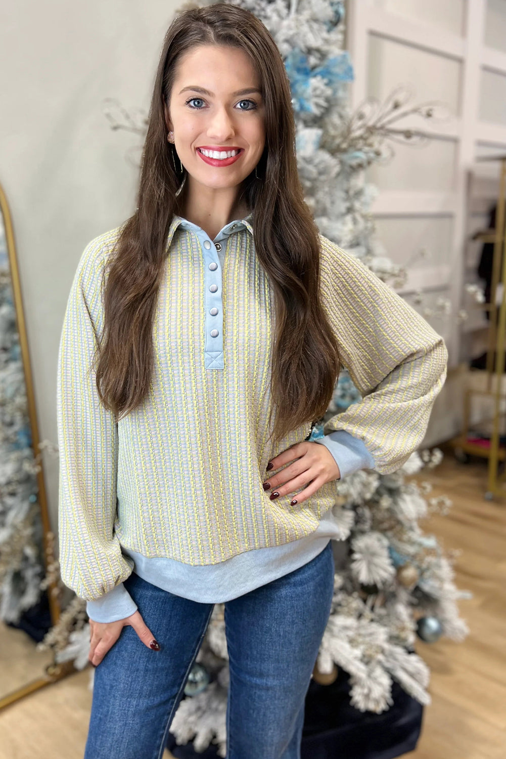 Beau Blue Button Front Jacquard Henley Sweatshirt