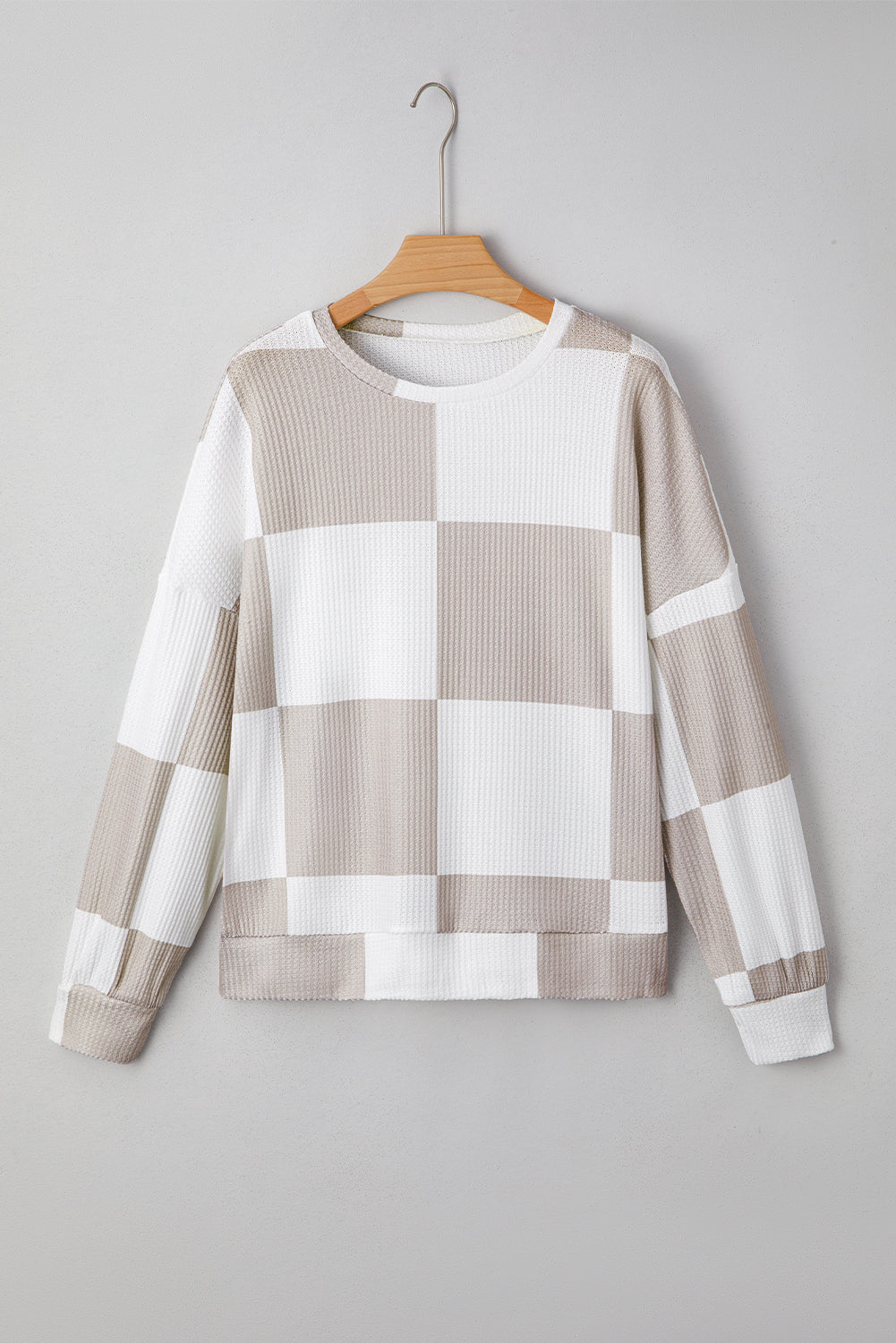 Khaki Checkered Print Breathable Textured Long Sleeve Top