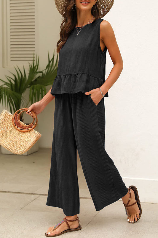 Black Solid Color Ribbed Ruffle Tank Top and Pants Set