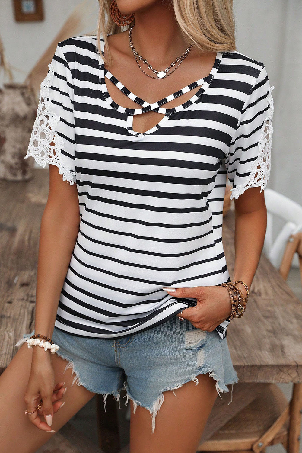 Black Stripe Cross Straps Hollowed Neck Lace Splicing Short Sleeve Blouse