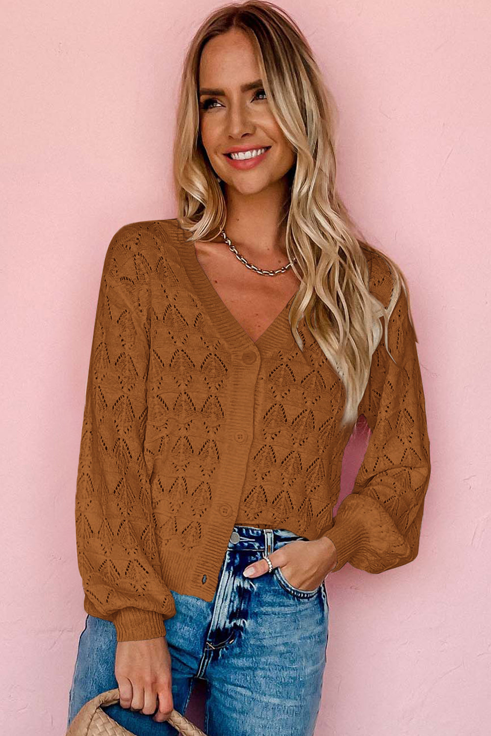 Brown Lightweight Buttoned Front Crochet Cardigan