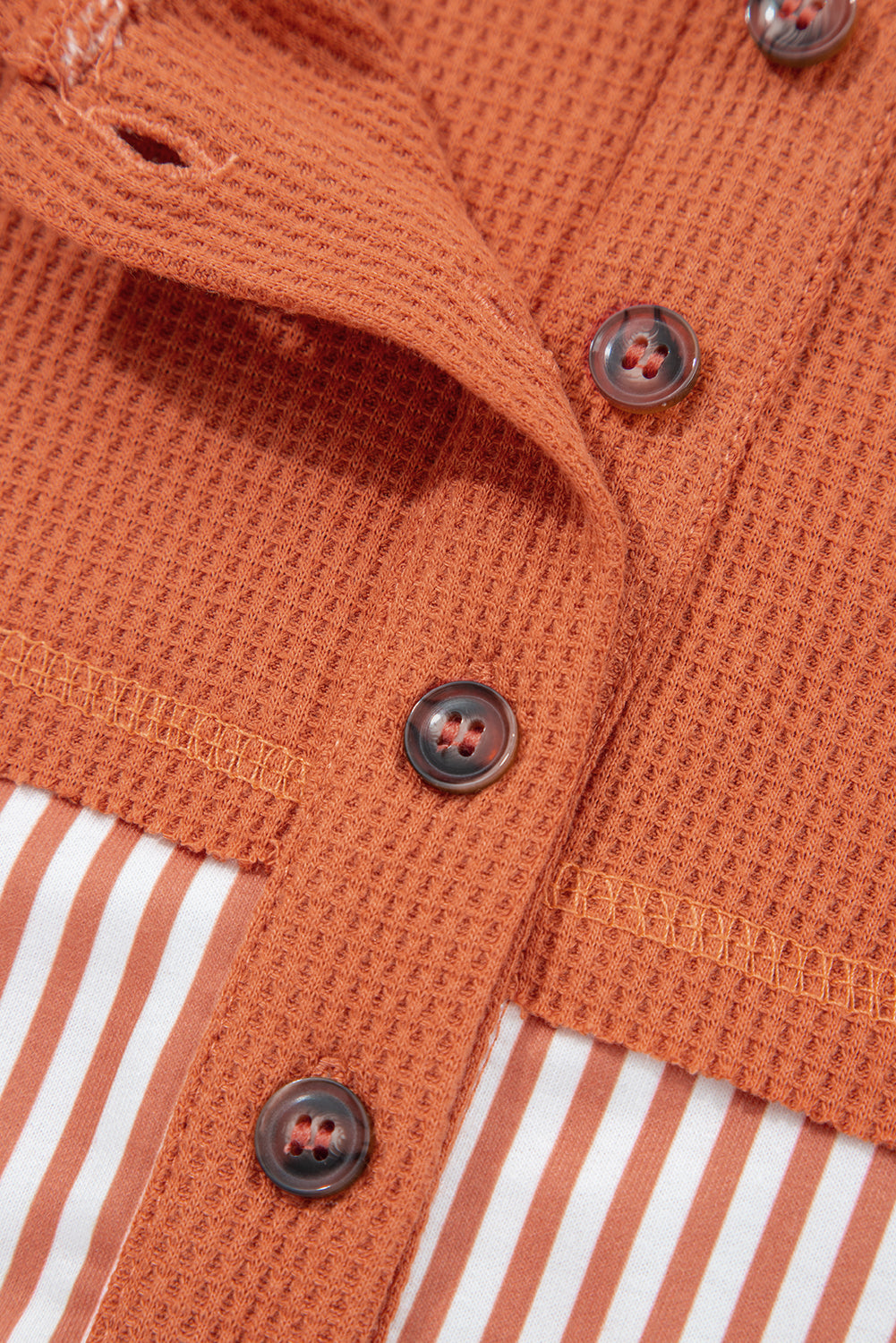 Cinnamon Waffle Printed Patchwork Drawstring Hooded Long Sleeve Top