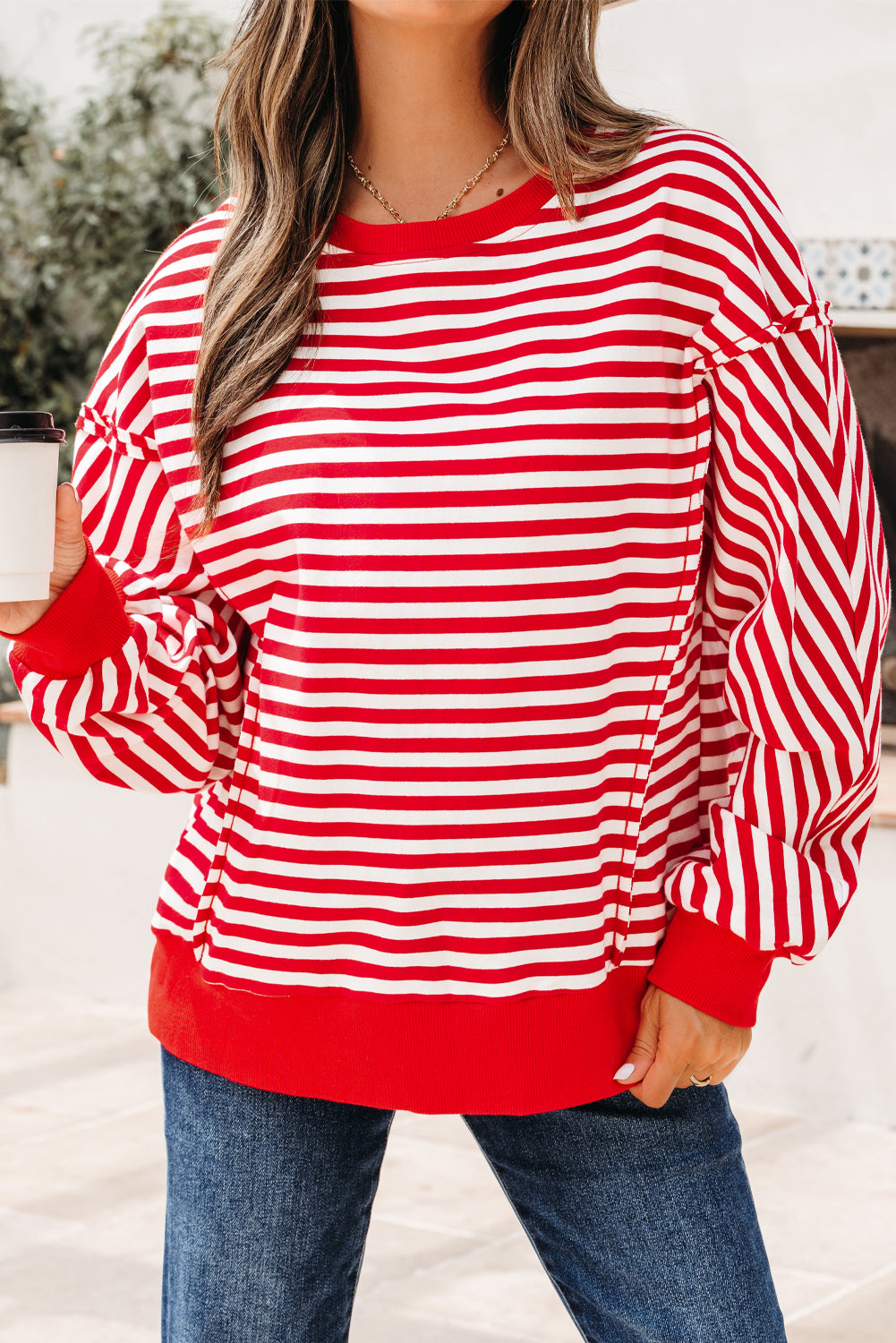 Red Stripe Exposed Seam Drop Shoulder Casual Pullover Top