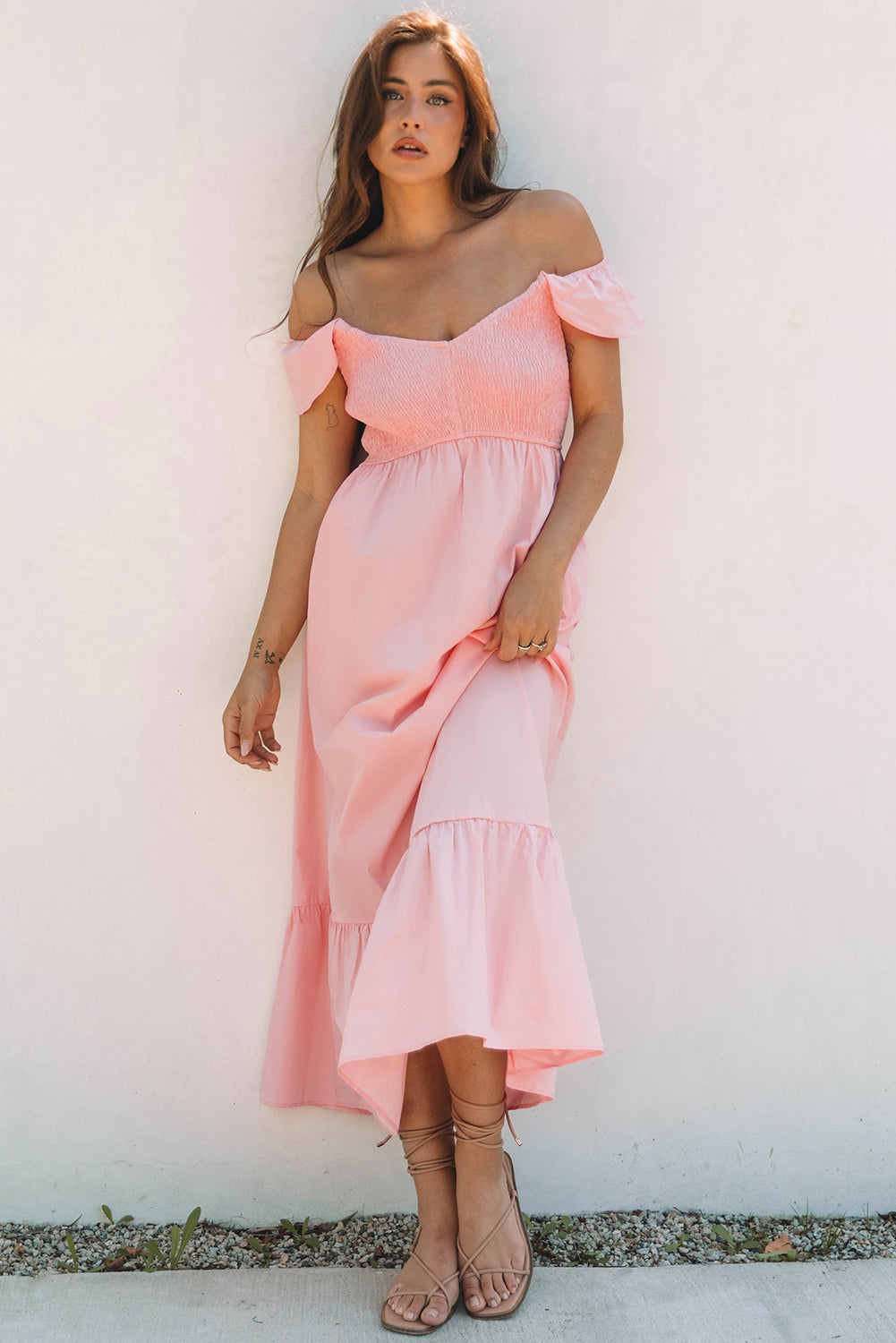 Pink V Neck Flutter Sleeve Smocked Bodice High Waist Ruffle Maxi Dress