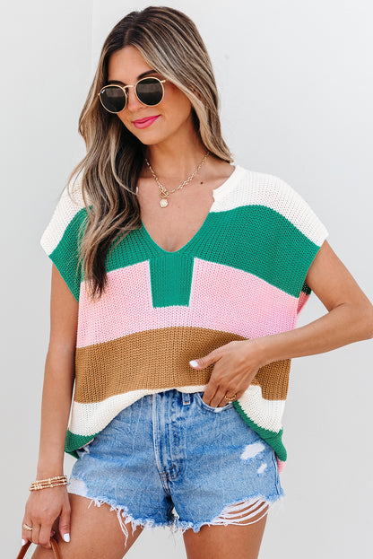 Pink Color Block Notch V Neck Sweater T Shirt