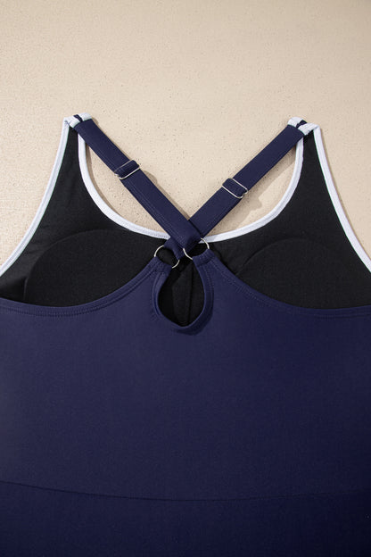 Navy Blue Contrast Edge Ruffled High Waist One Piece Swim Dress