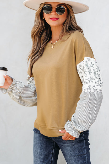 Camel Floral Striped Patchwork Ruffled Sleeve Crew Neck Sweatshirt