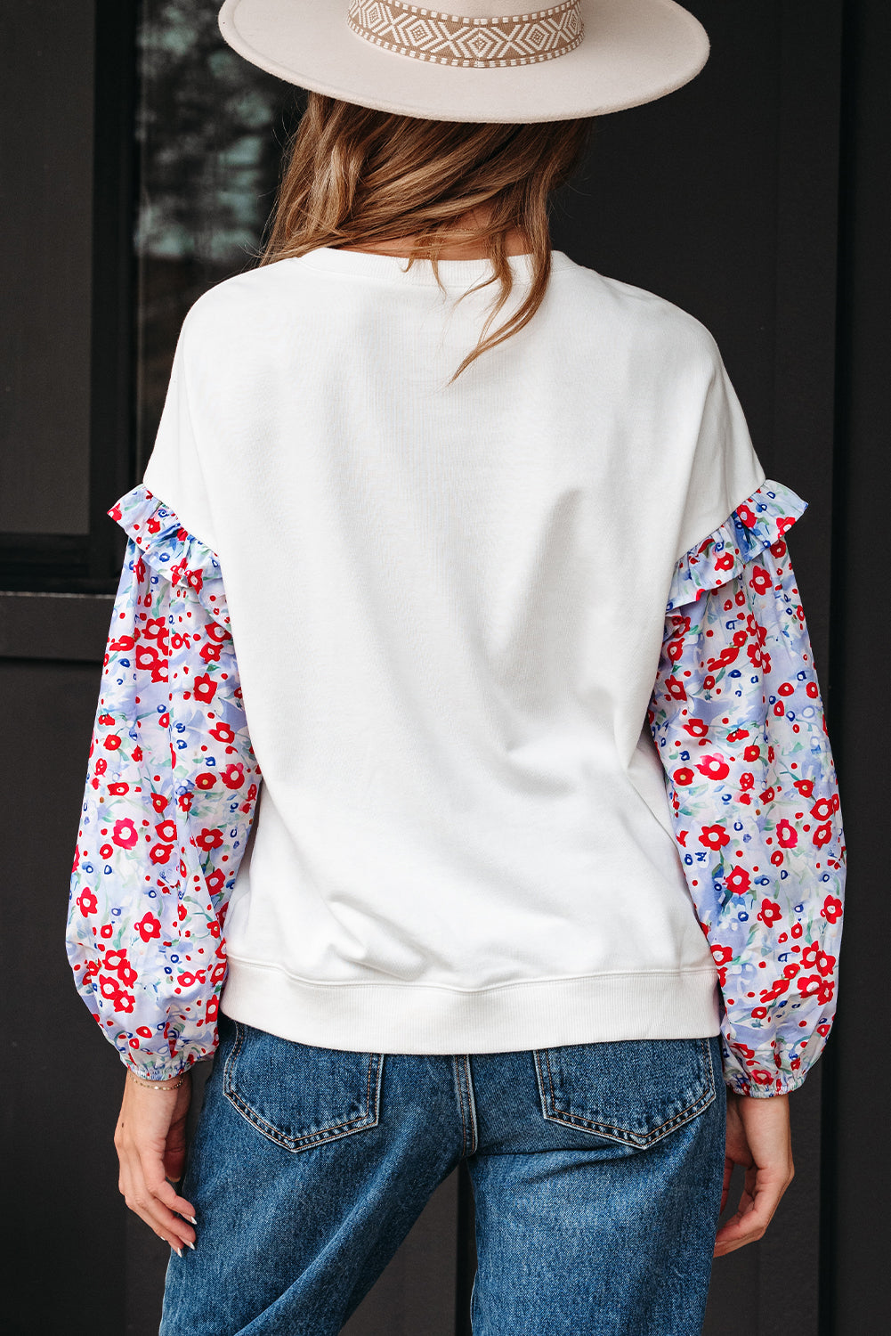 White Floral Ruffled Balloon Sleeve Patchwork Loose Blouse