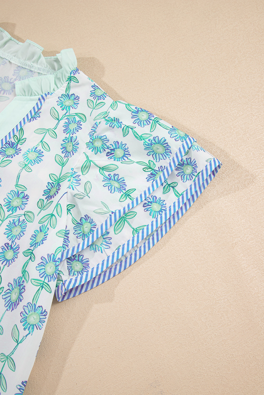 Green Floral Print Striped Detail Contrast V Neck Patchwork Flutter Sleeve Blouse