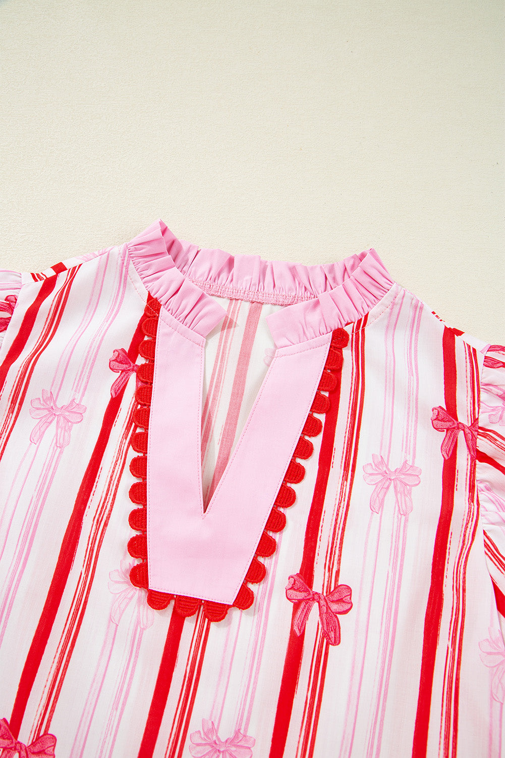 Pink Ric-rac Trim Ruffled Sleeve V Neck Bow Striped Printed Blouse