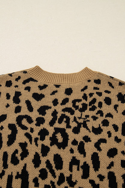 Light French Beige Ribbed Trim Round Neck Leopard Drop Shoulder Sweater