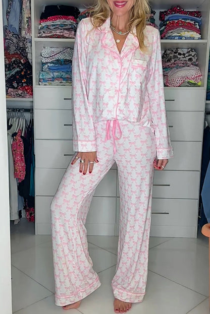Sky Blue Bow Print Long Sleeve Shirt and Pants Soft Pajama Set