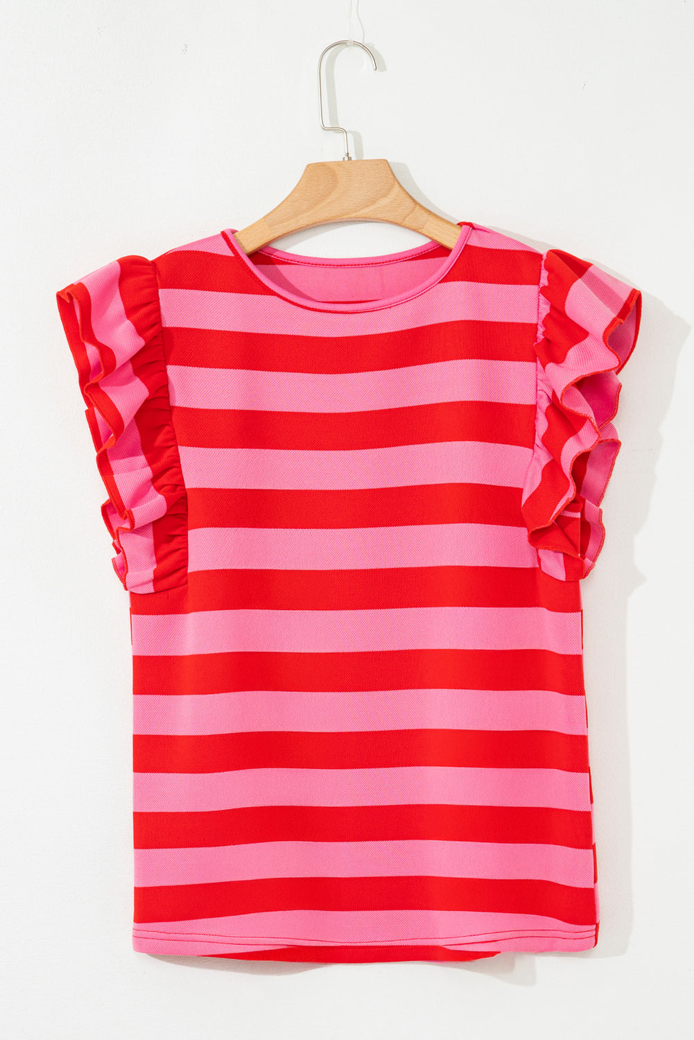 Red Stripe Flutter Sleeve Round Neck T Shirt