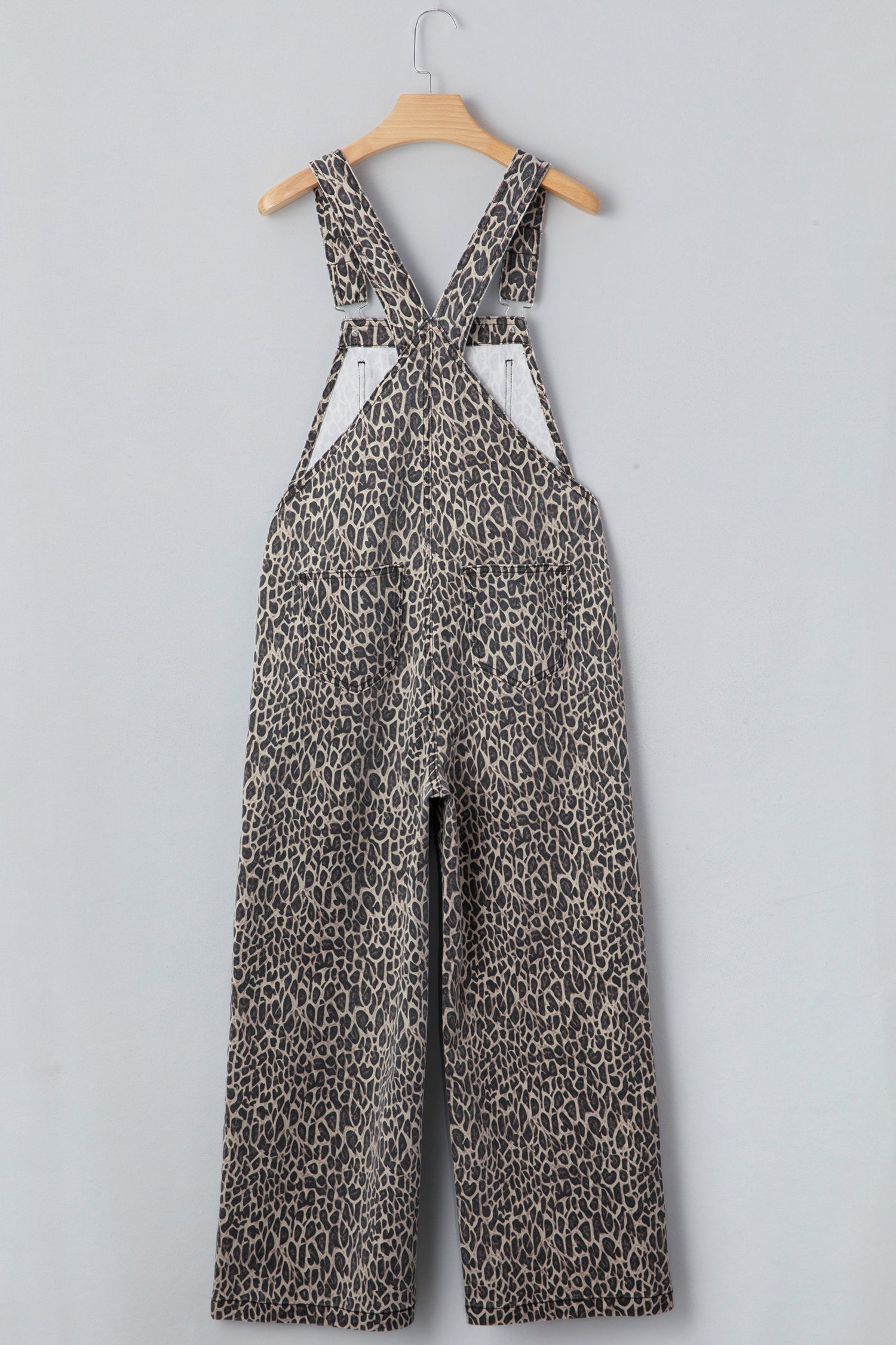 Brown Leopard Print Straight Leg Loose Denim Overall Jumpsuit