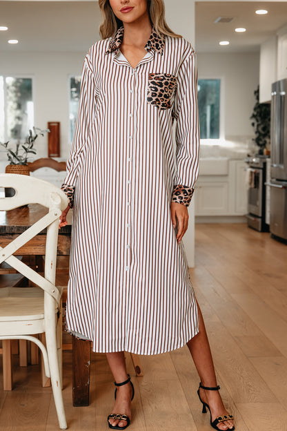 Sky Blue Stripe Contrast Leopard Patchwork Long Shirt Dress with Slits