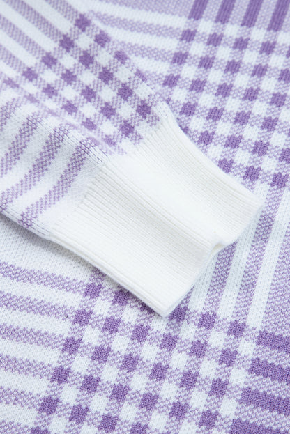 Lilac Plaid Print Ribbed Trim Loose Sweater