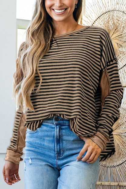 Black Stripe Thermal Knit Drop Shoulder Casual Top