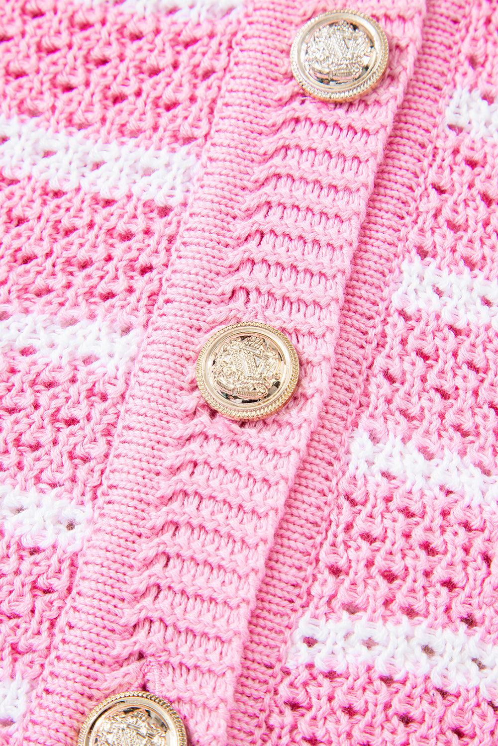 Pink Stripe V Neck Gold Buttons Elegant Sweater Vest