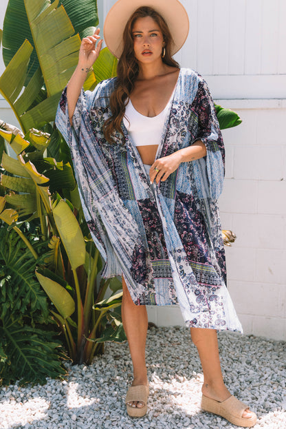 Blue Retro Floral Print Long Loose Open Front Kimono