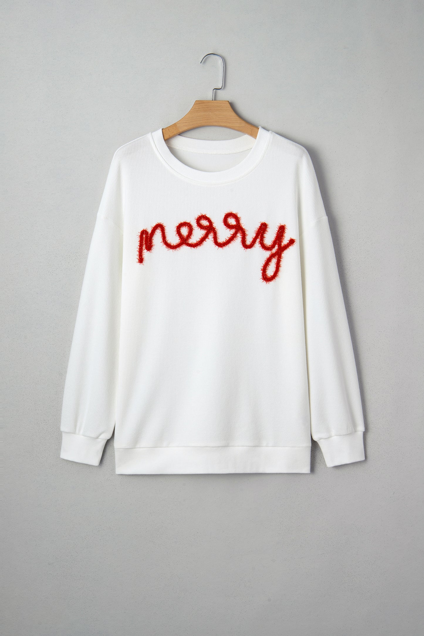 White Merry Tinsel Letter Embroidery Ribbed Drop Shoulder Sweatshirt