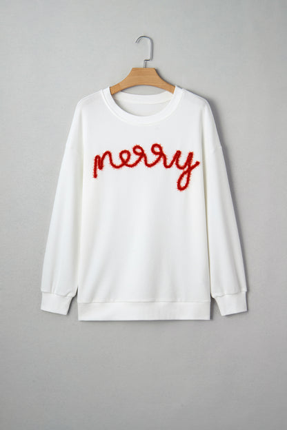 White Merry Tinsel Letter Embroidery Ribbed Drop Shoulder Sweatshirt