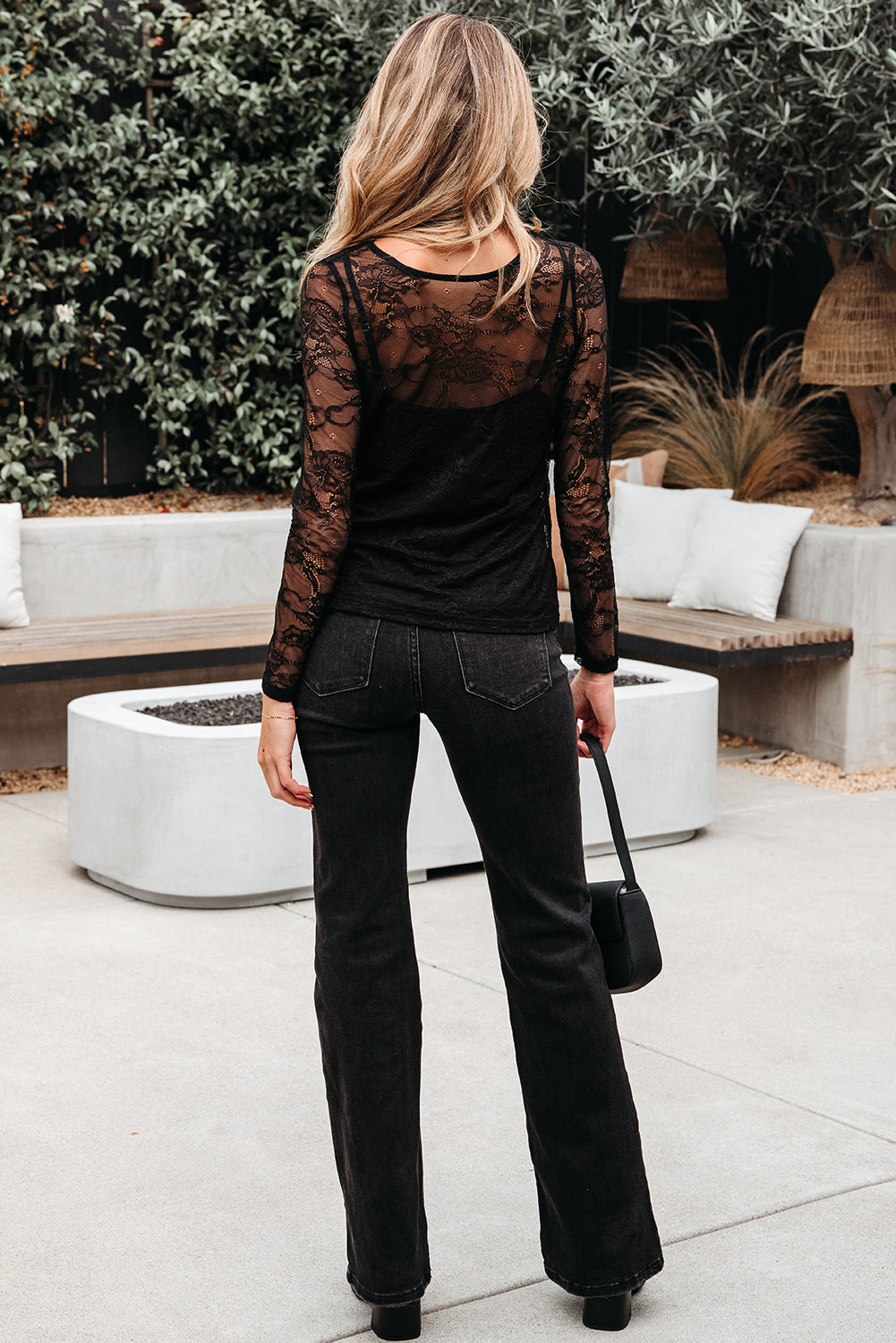 Black Lace Crochet Mesh Patched Slim Fit Long Sleeve Top